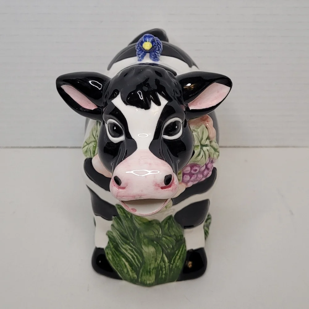 Black White Holstein Cow Teapot with Blue Bird on Back Vintage Wangs Intl Cerami